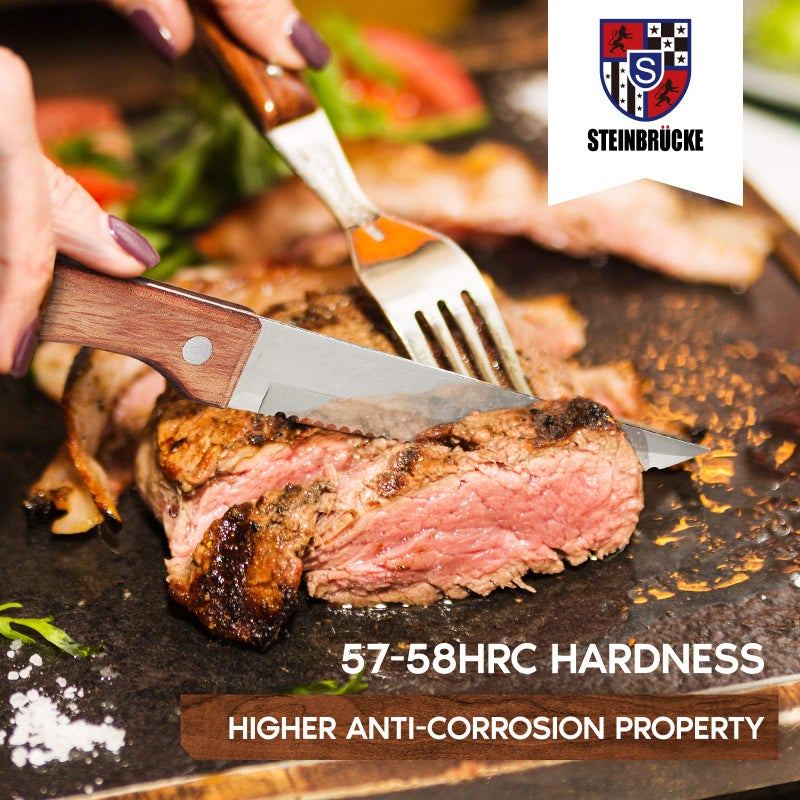 STEINBRÃœCKE Steak Knives Wood Handle - Steak Knives Set of 8 Built 5Cr15Mov Stainless Steel HRC57-58 Hardness Razor Sharp Full Tang (Not dishwasher safe) - Image 4